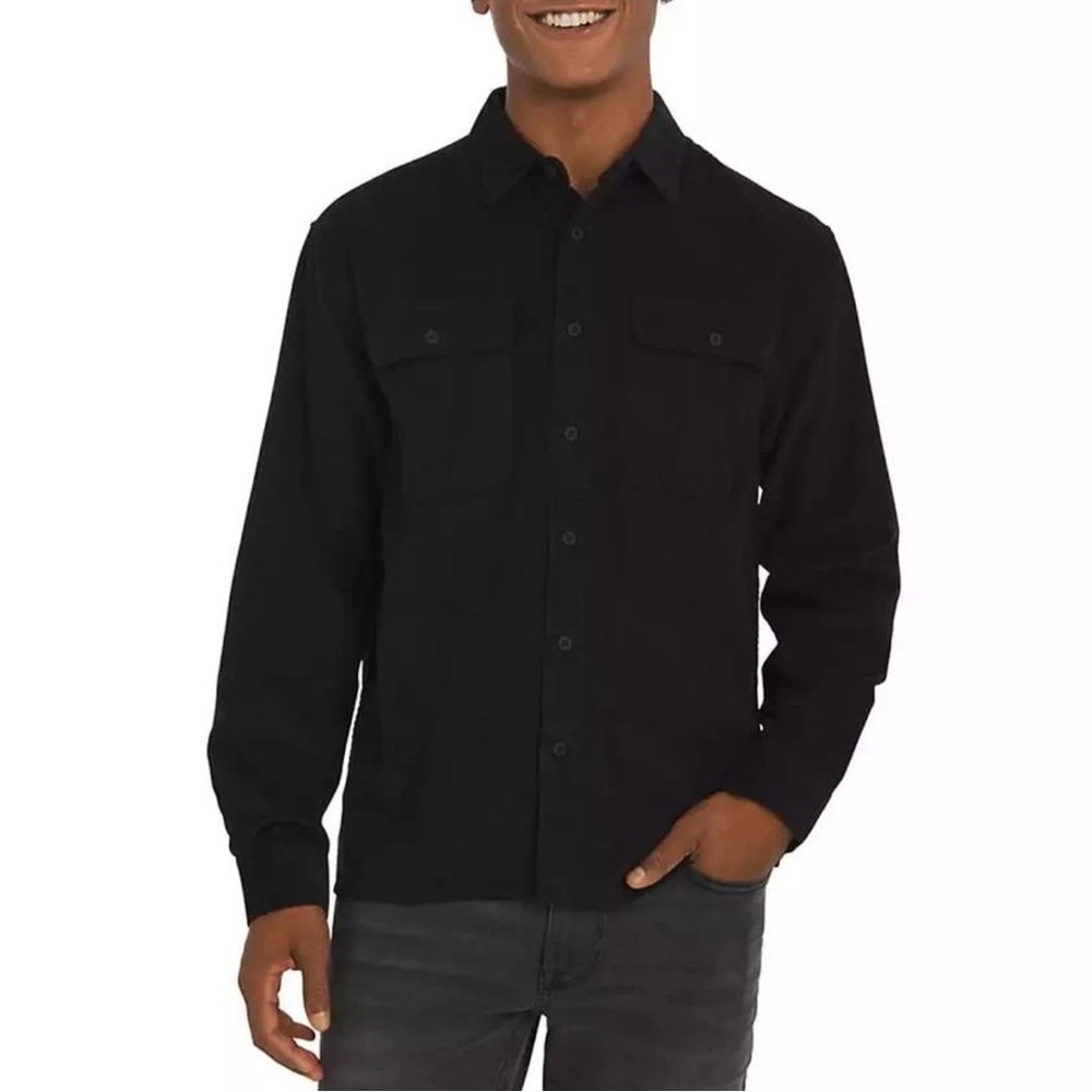 DKNY Men's Black Waffle Knit Button Up Long Sleeve Cotton Shirt Size S